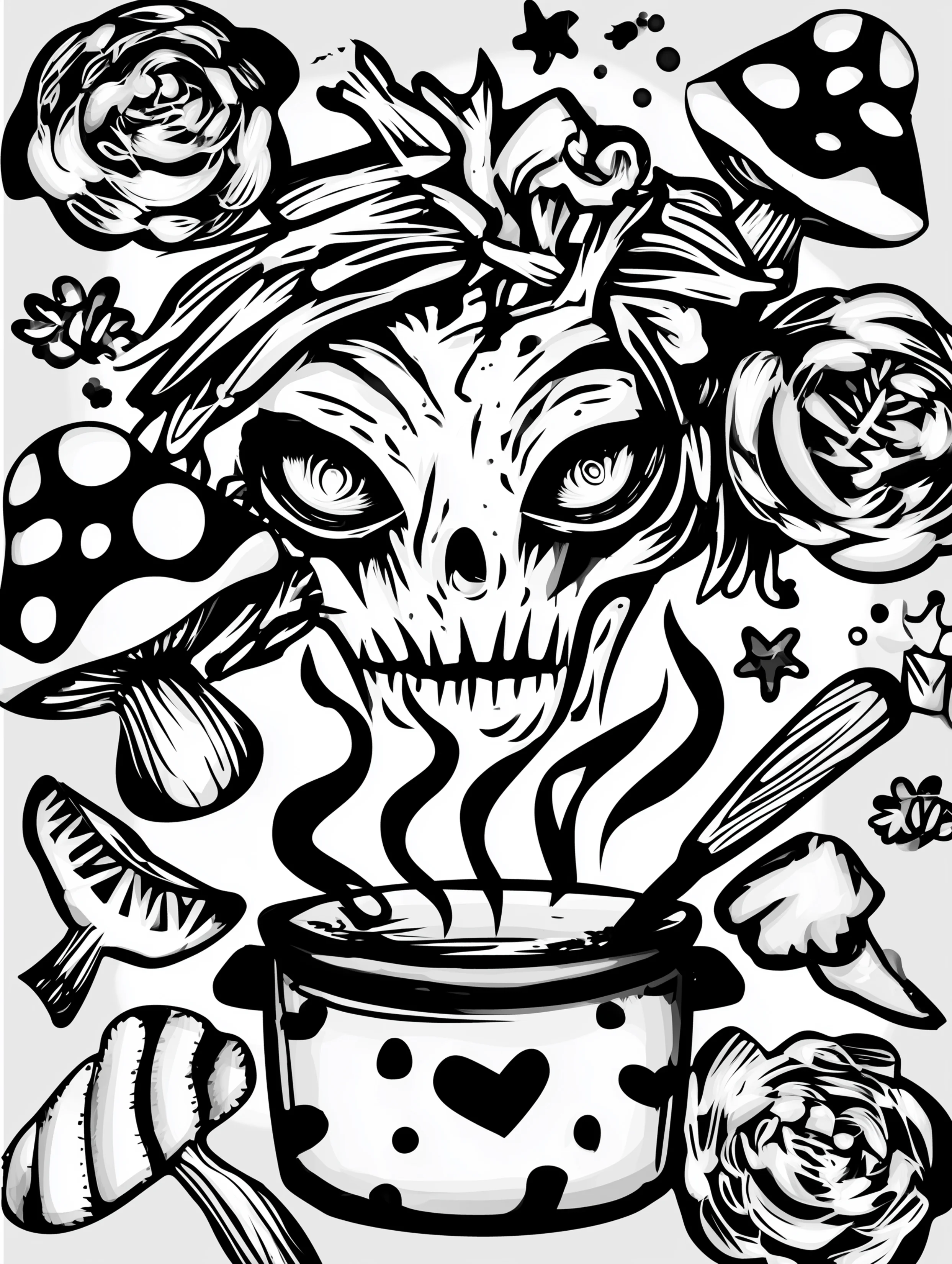 Free printable alien coloring page for adults featuring a wrinkled alien face with a cooking pot